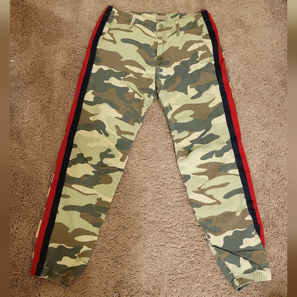 MOTHER Camouflage Jogger Pants with Red & Black Side Stripe